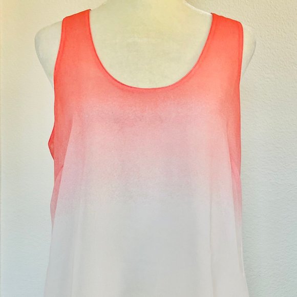 Calvin Klein Sheer Ombré Dip Dye Coral Pink & White Flowy Layered Tunic Tank Top - Picture 3 of 8